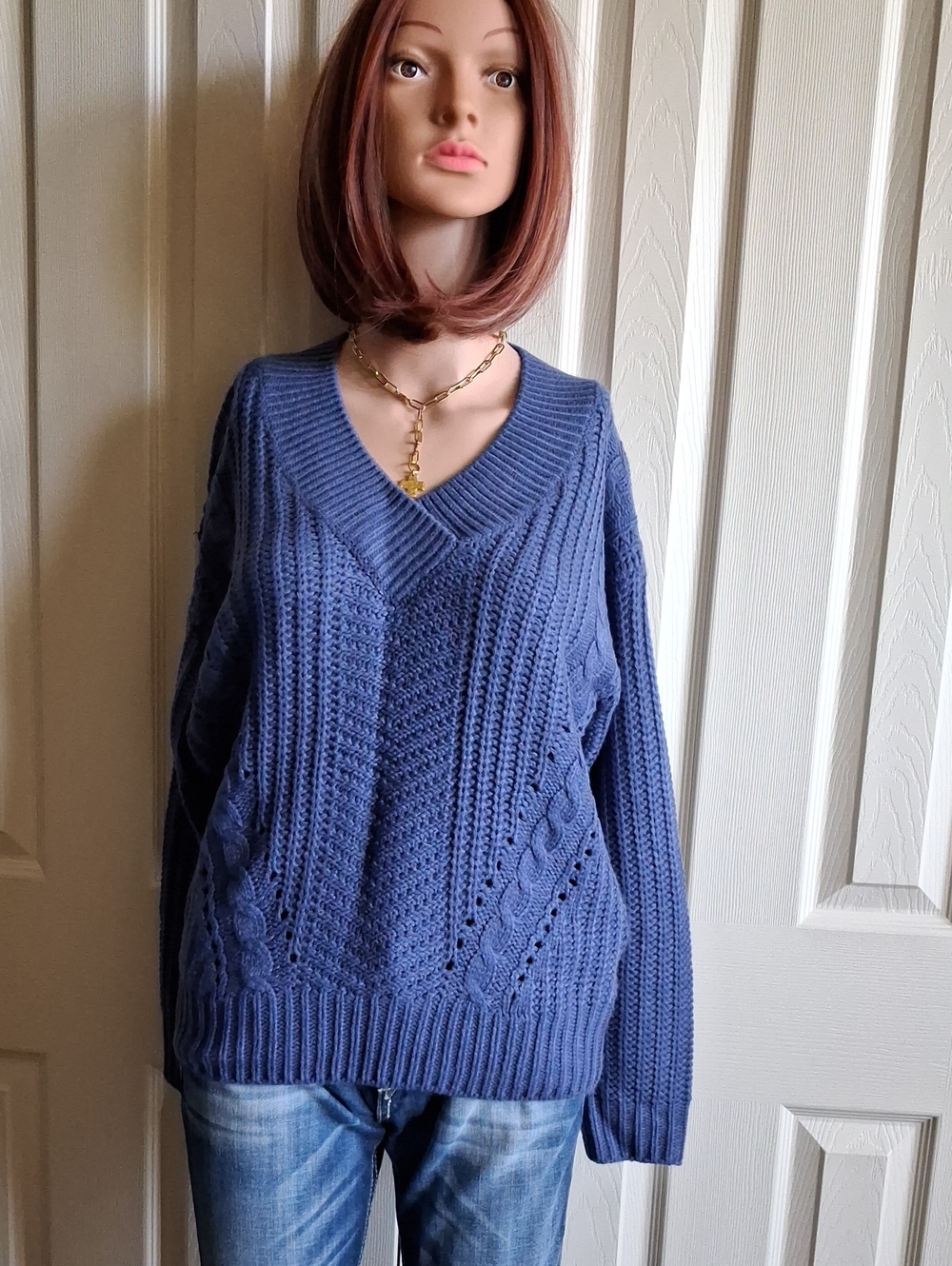 Philosophy Blue V-Neck Cable Knit Sweater